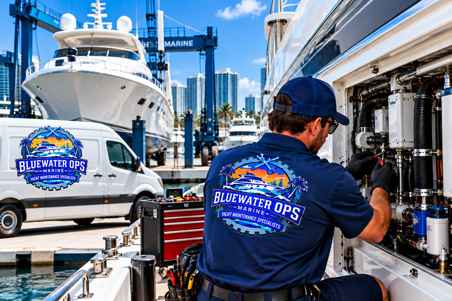 Marine technician performing dockside diagnostics on yacht mechanical systems