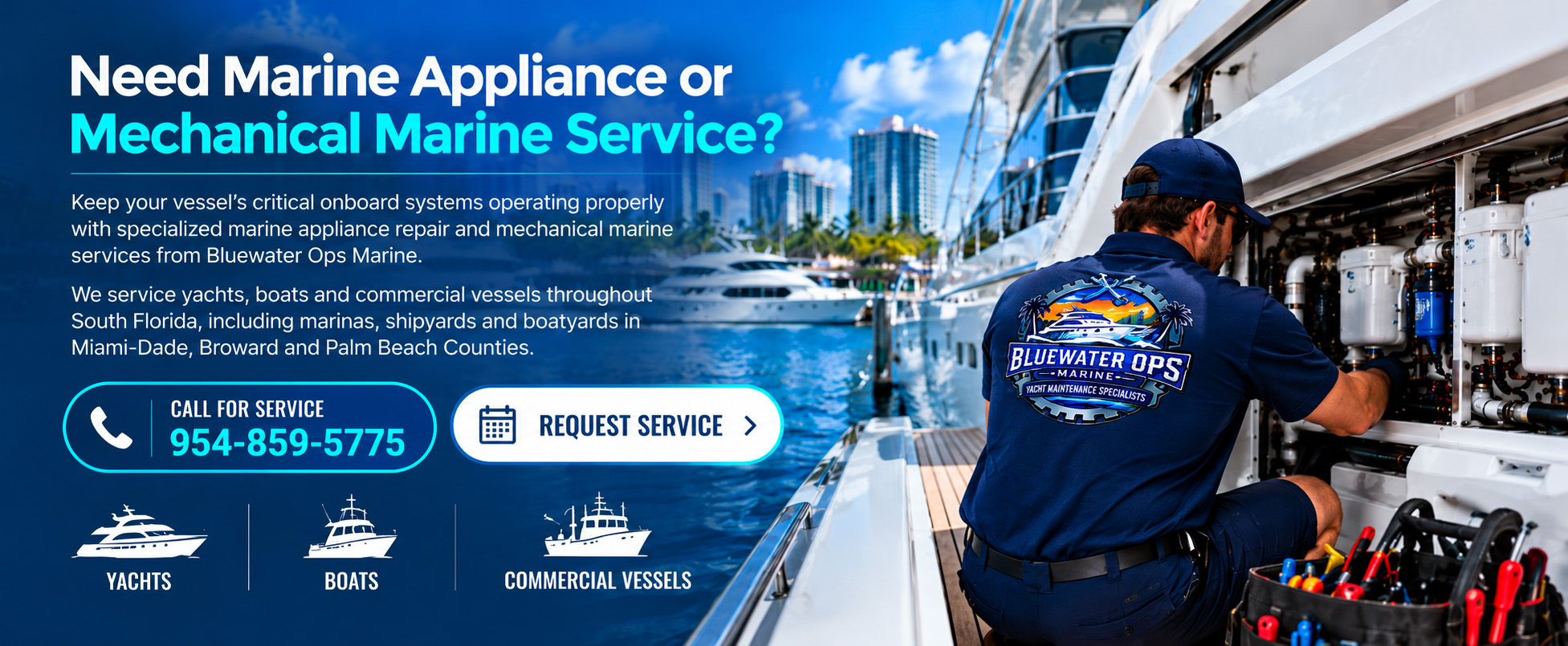 Bluewater Ops Marine technician servicing yacht equipment at a South Florida marina
