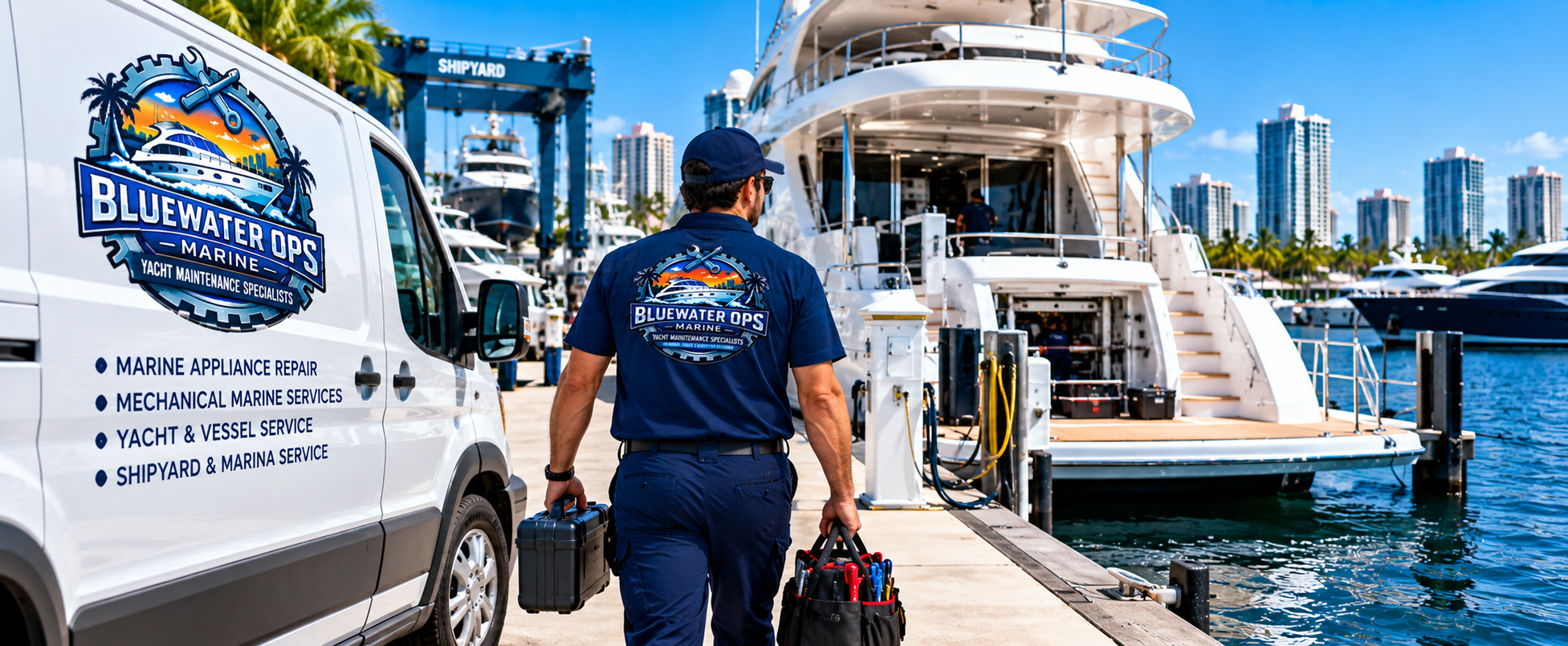 Bluewater Ops Marine technician providing mobile yacht service at a South Florida marina