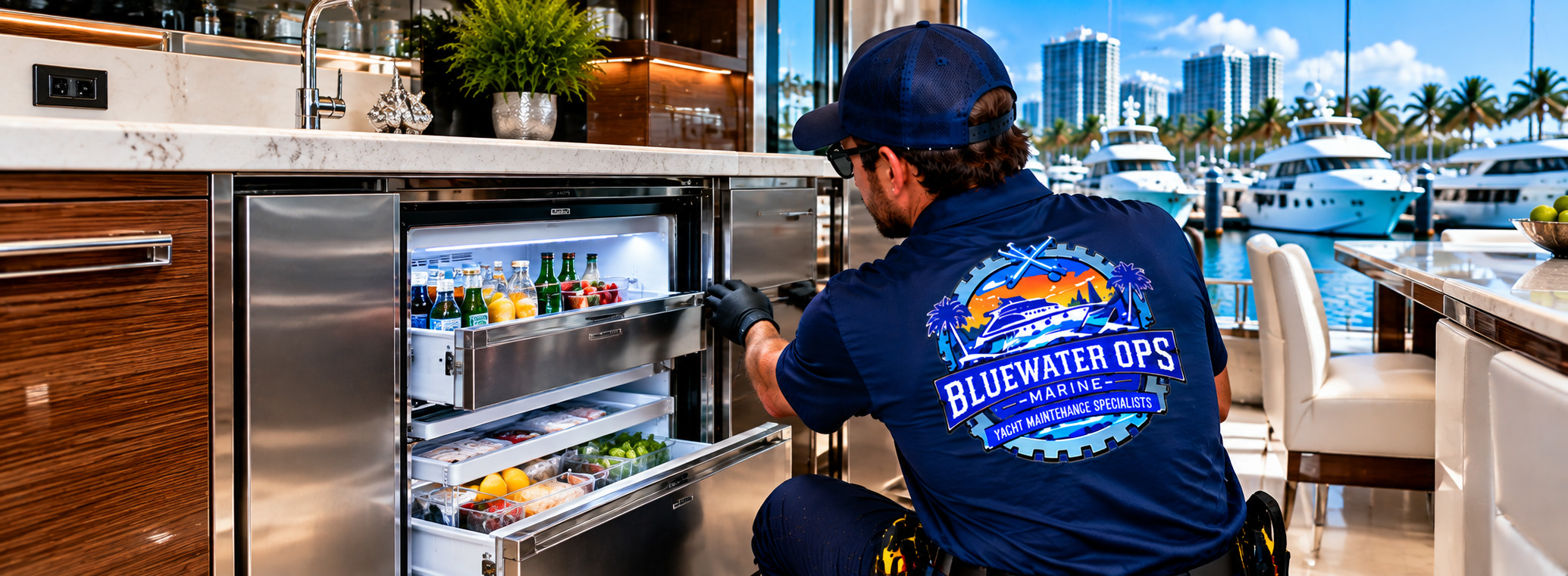 Bluewater Ops Marine technician servicing built-in yacht refrigeration equipment integrated into a luxury yacht galley in South Florida