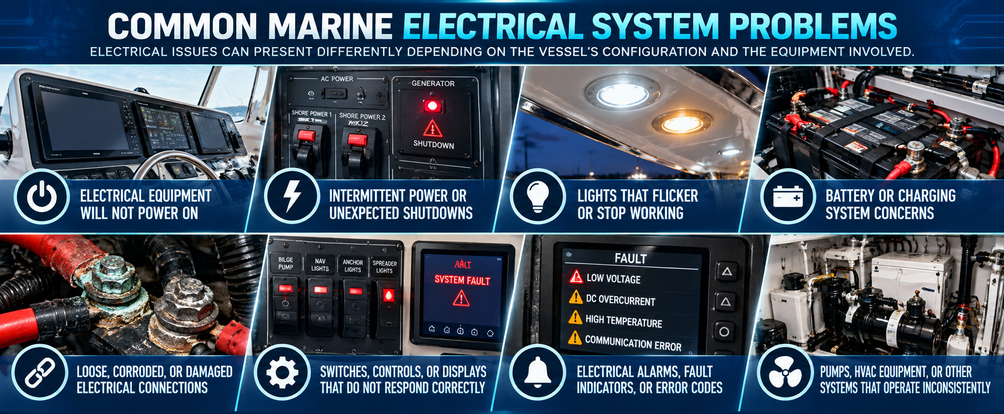 Marine electrical system troubleshooting infographic showing eight common yacht electrical problems, including equipment power failures, unexpected shutdowns, flickering lights, battery and charging issues, corroded connections, unresponsive controls, electrical alarms and error codes, and inconsistent pump or HVAC operation.