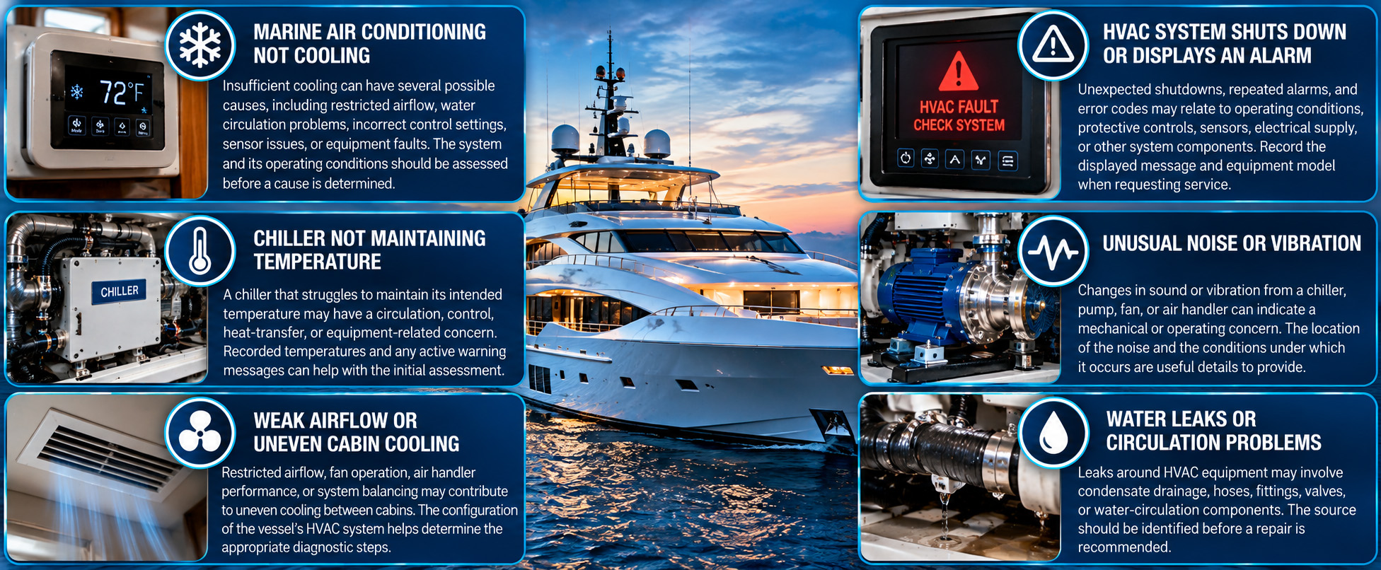 Marine HVAC and chiller troubleshooting infographic illustrating six common yacht climate-control problems: air conditioning not cooling, chiller temperature issues, weak airflow, system alarms, unusual noise or vibration, and water leaks or circulation problems.