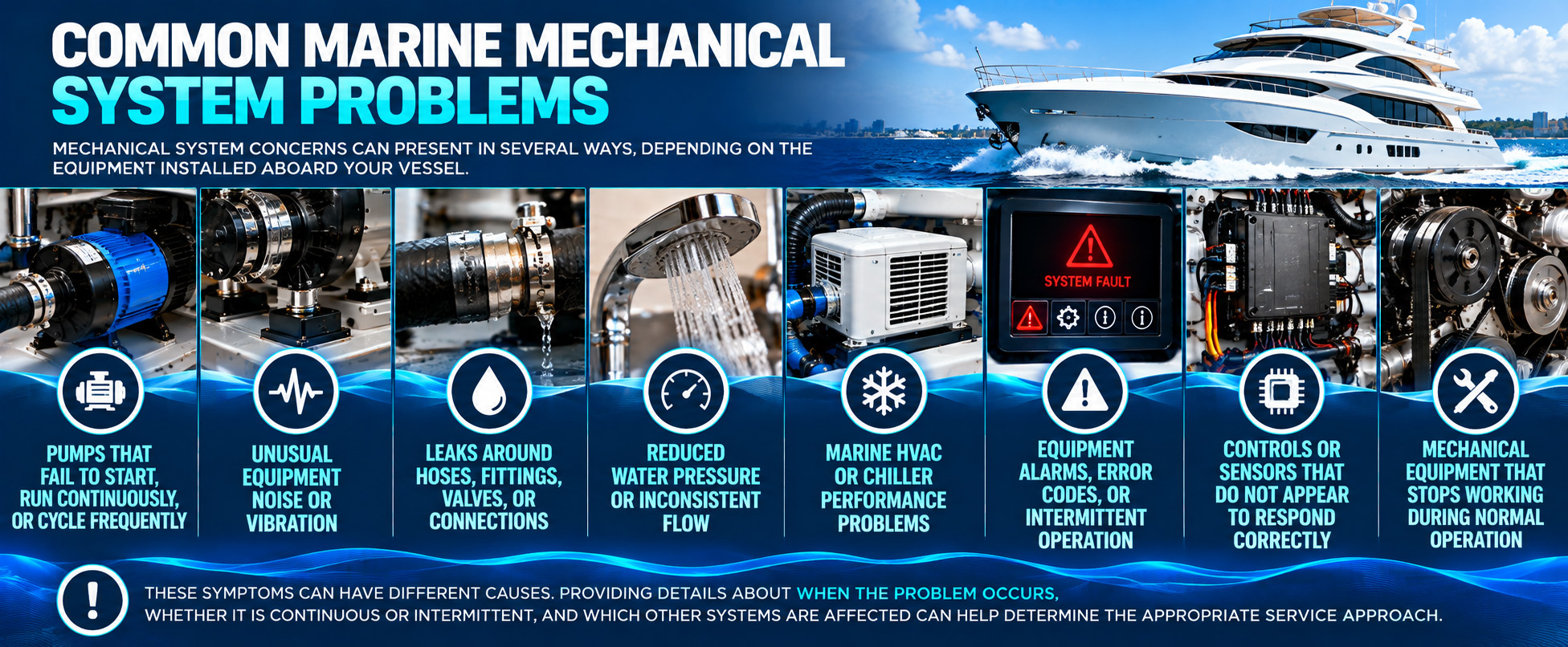 Marine mechanical system troubleshooting infographic showing eight common vessel problems, including pump failures, unusual noise or vibration, plumbing leaks, reduced water pressure, HVAC or chiller issues, equipment alarms, unresponsive controls or sensors, and unexpected equipment shutdowns.