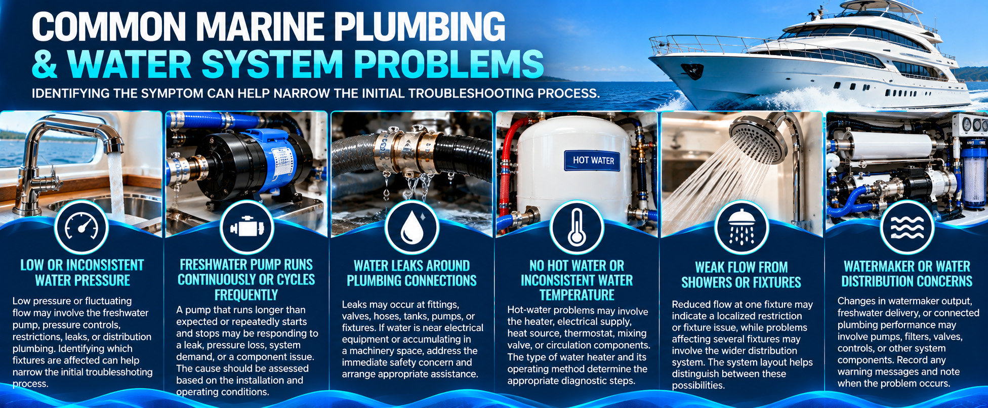 Marine plumbing and water system troubleshooting infographic showing six common yacht problems: low or inconsistent water pressure, freshwater pump cycling, plumbing leaks, inconsistent hot-water temperature, weak shower or fixture flow, and watermaker or water distribution issues.