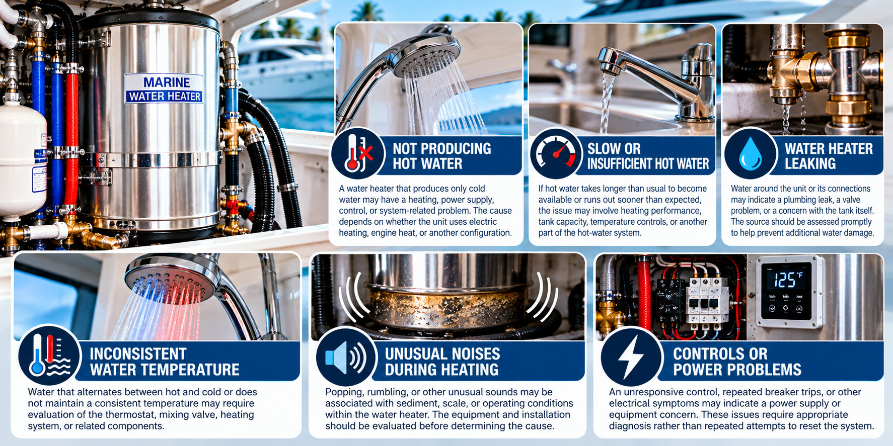 Common Marine Water Heater Problems & Troubleshooting Marine water heater troubleshooting infographic illustrating common issues including no hot water, slow heating, leaks, inconsistent water temperature, unusual heating noises, and electrical or control problems.
