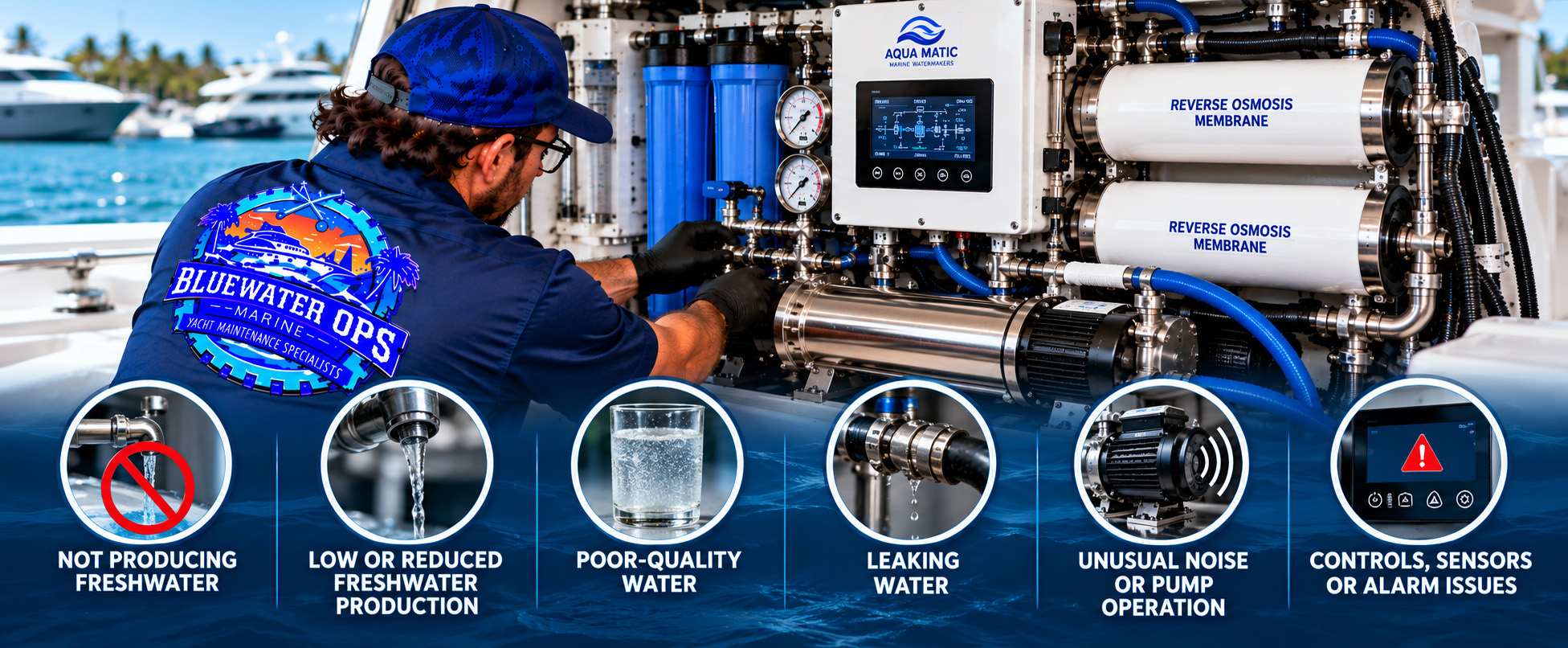luewater Ops Marine technician servicing a yacht watermaker alongside an infographic illustrating six common issues: no freshwater production, reduced output, poor water quality, leaks, unusual pump noise, and control or alarm problems.