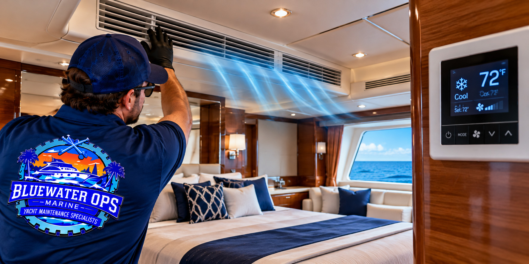 Bluewater Ops Marine technician inspecting a yacht cabin's air conditioning vent and thermostat to troubleshoot cooling problems.