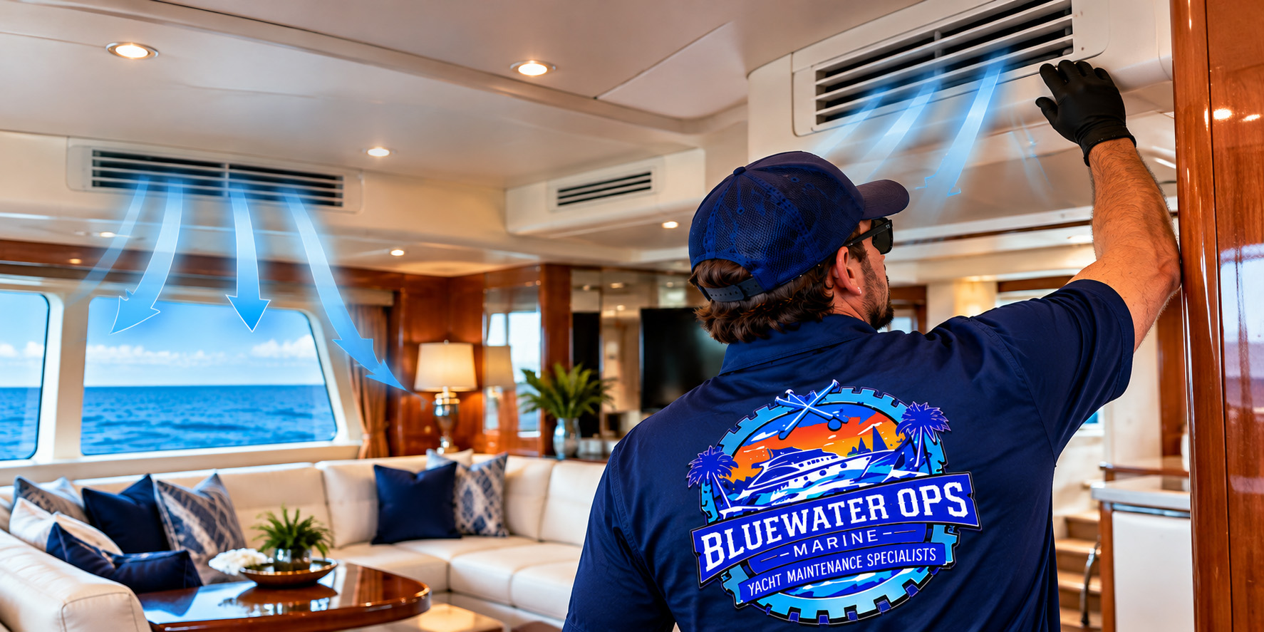 Bluewater Ops Marine technician inspecting yacht cabin air conditioning vents to troubleshoot reduced airflow and uneven cooling.