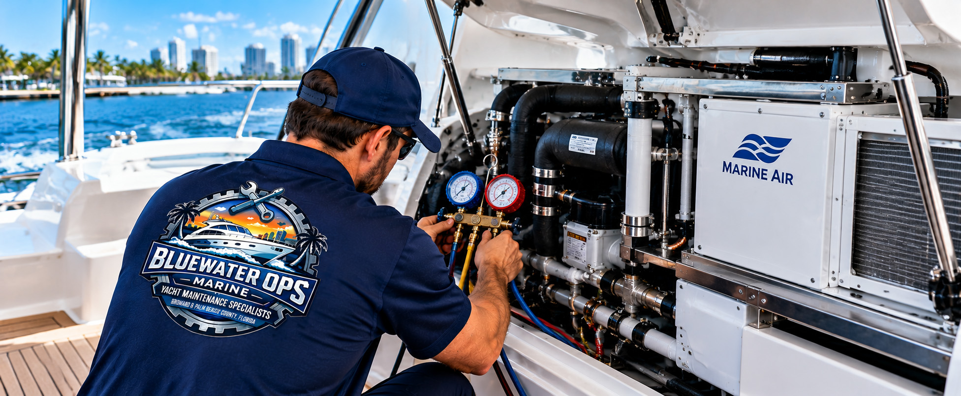 Marine technician servicing a yacht air conditioning and chiller system in South Florida