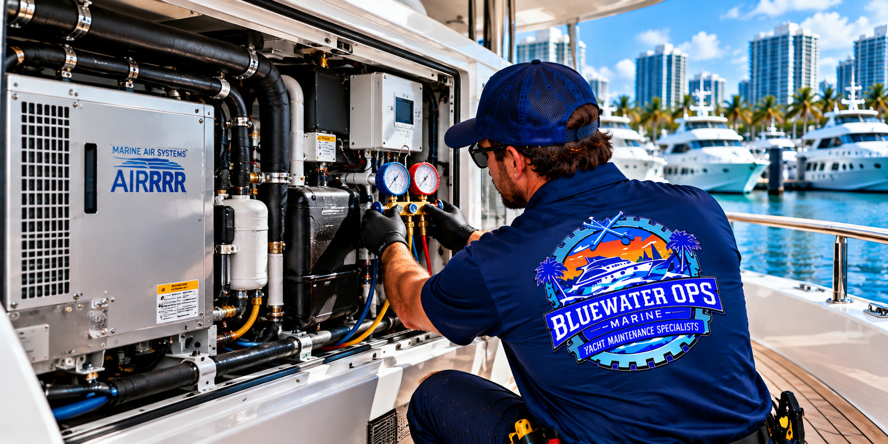 Bluewater Ops Marine technician troubleshooting a yacht's marine air conditioning system and HVAC components at a South Florida marina.