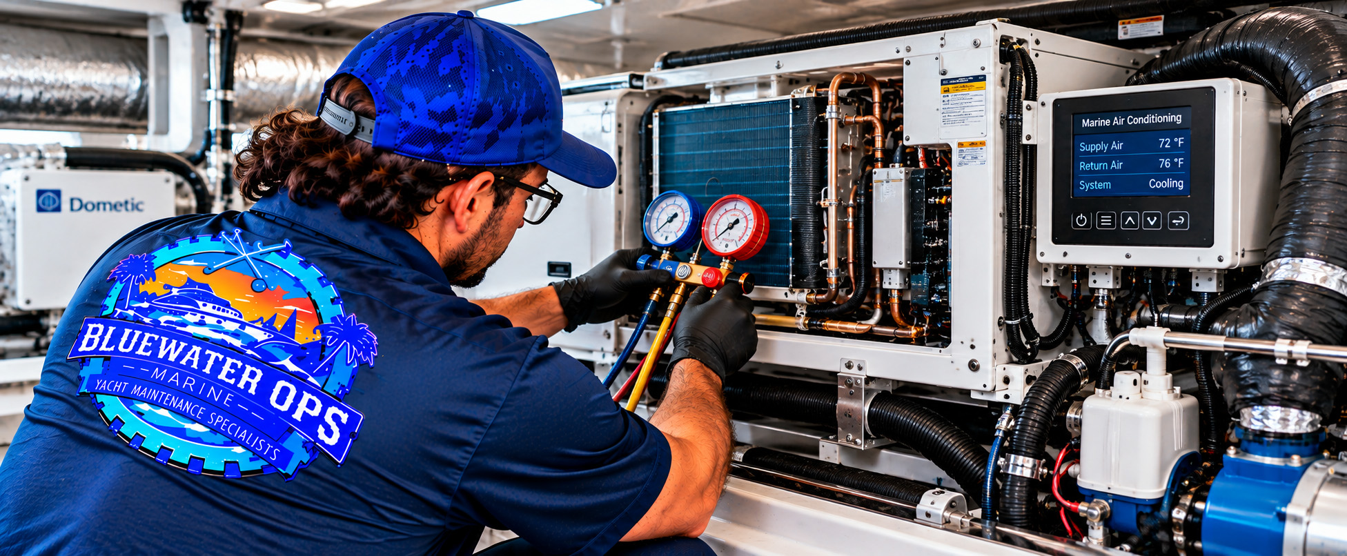 Bluewater Ops Marine technician troubleshooting a yacht&rsquo;s marine air conditioning system using pressure gauges and diagnostic controls while inspecting HVAC components, piping, and electrical connections.