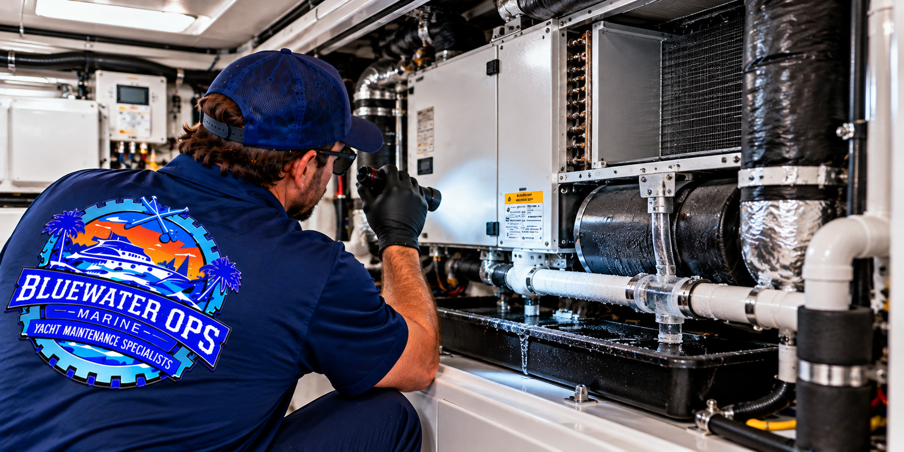 Bluewater Ops Marine technician inspecting a yacht's marine air handler, ducting and condensate drainage system to investigate HVAC operating concerns.