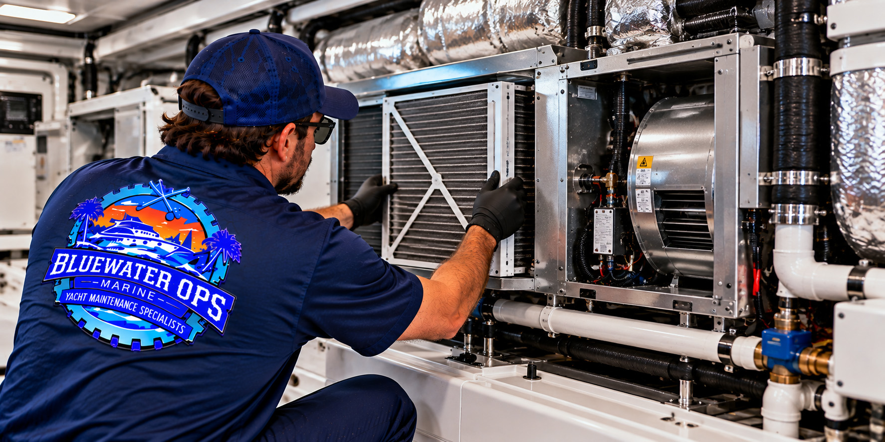 Bluewater Ops Marine technician inspecting an onboard yacht air handler, fan coil, blower assembly and connected HVAC components.