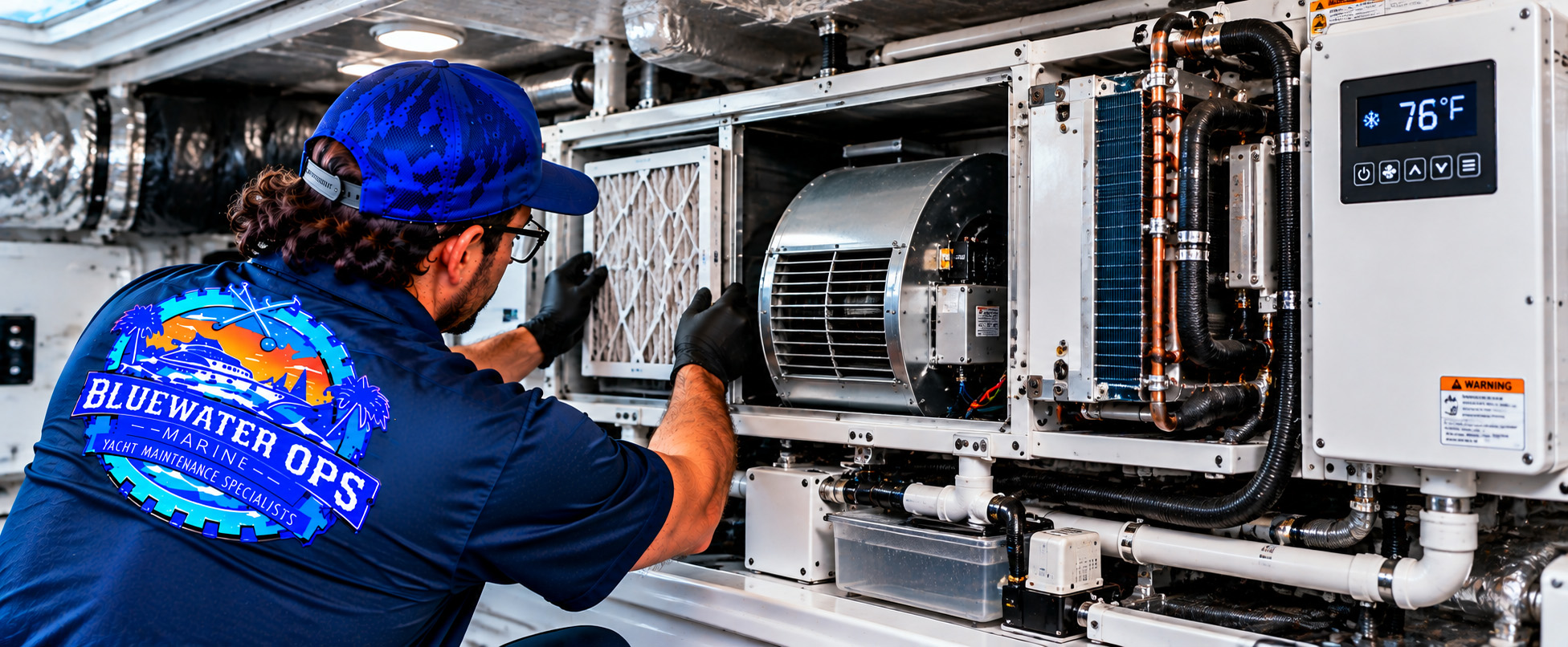 Bluewater Ops Marine technician inspecting a yacht&rsquo;s marine air handler and fan coil unit, including the air filter, blower assembly, cooling coil, insulated ductwork, and temperature controls.