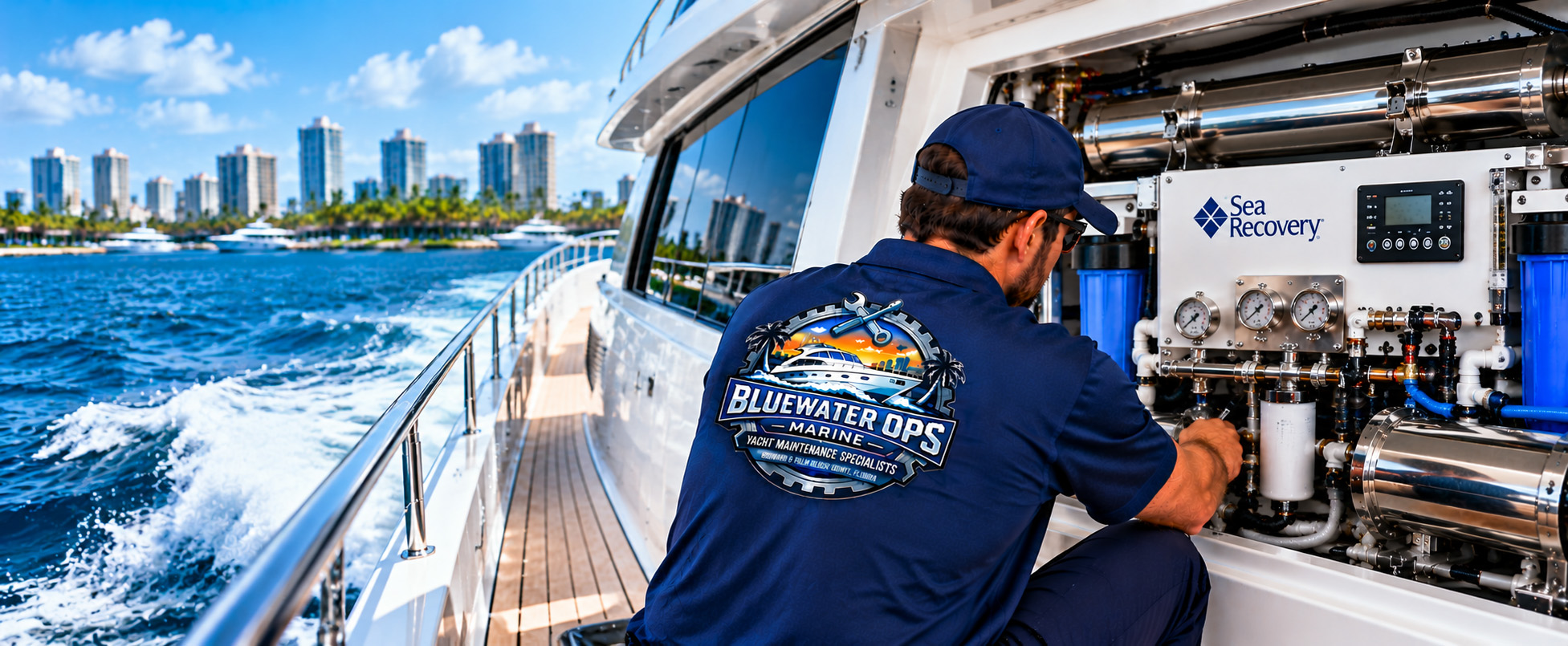 Marine technician servicing specialized yacht equipment aboard a vessel in South Florida