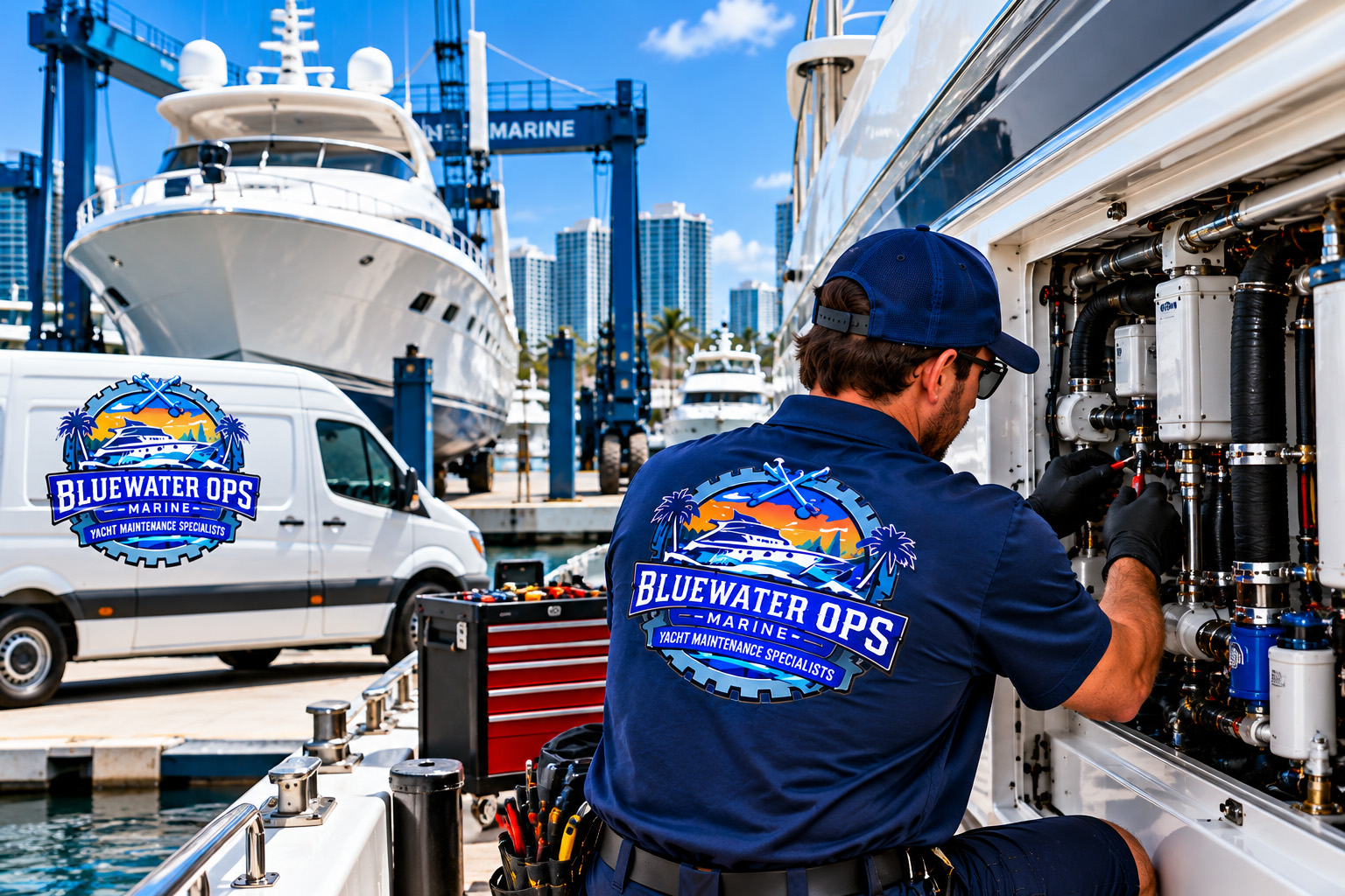 Bluewater Ops Marine technician servicing yacht mechanical and onboard systems at a South Florida marina