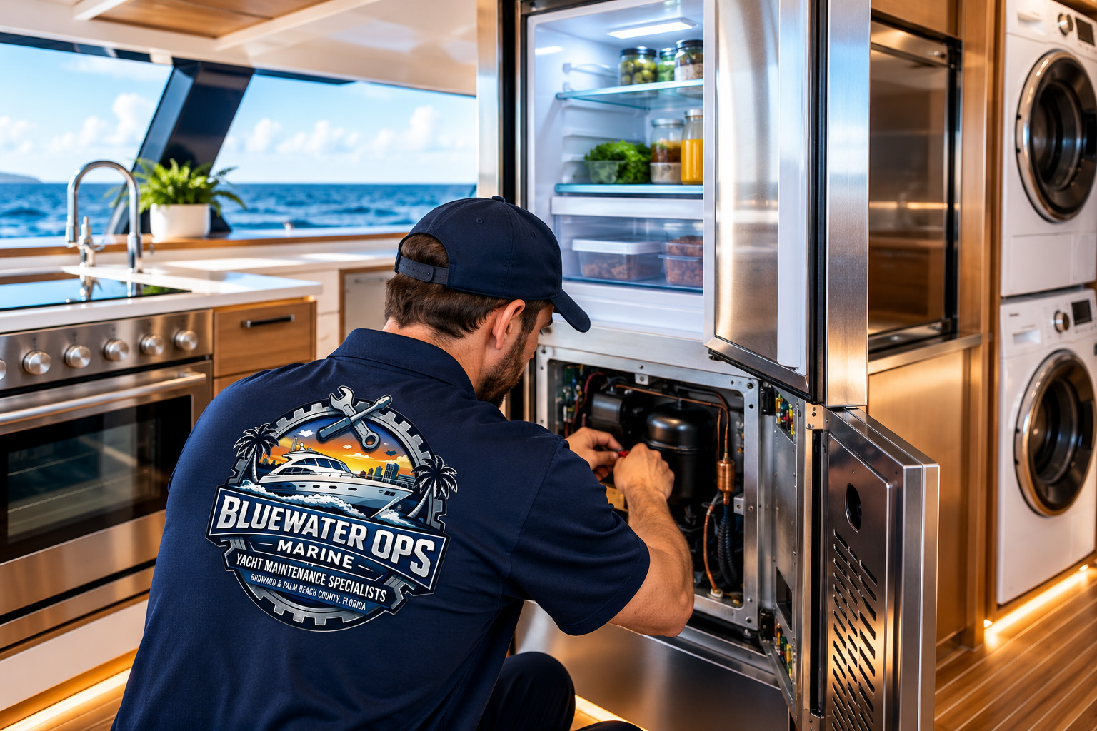 Marine technician repairing a yacht refrigerator during marine appliance service in South Florida