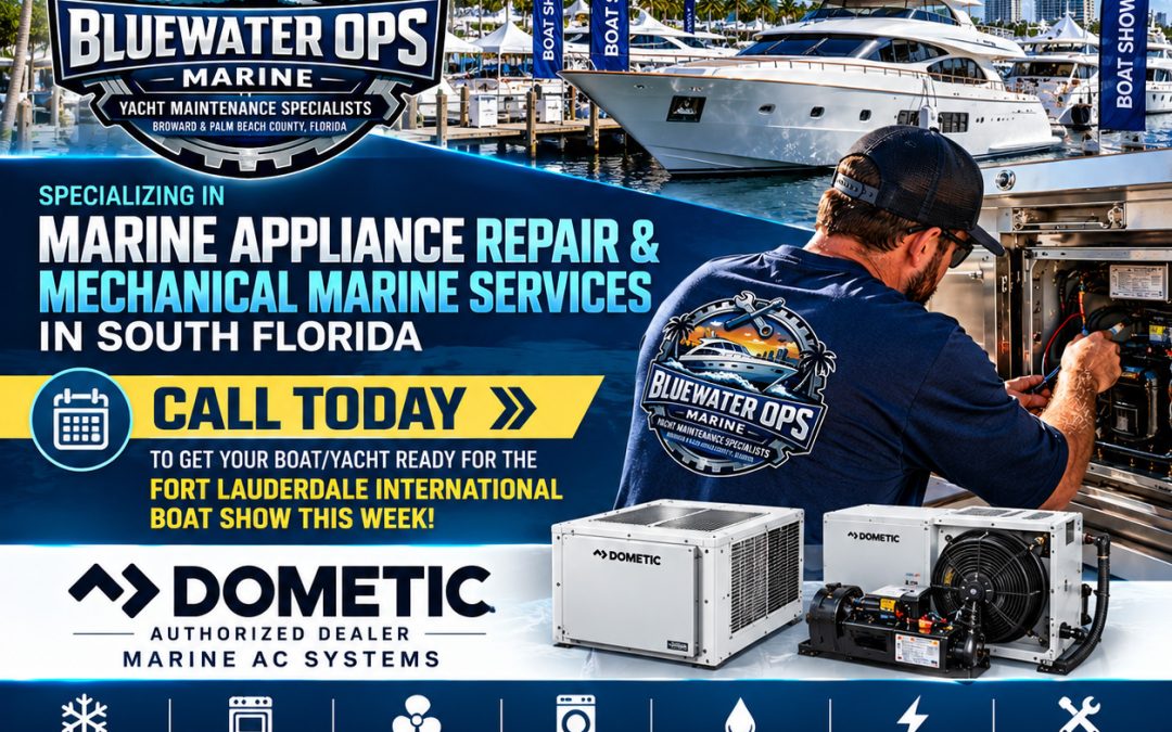 Get your boat or yacht ready for the Fort Lauderdale International Boat Show with Bluewater Ops Marine. Marine appliance repair, marine AC, refrigeration, HVAC, plumbing, pumps, and electrical diagnostics throughout South Florida. Call 954-859-5775 or visit bluewateropsmarine.com