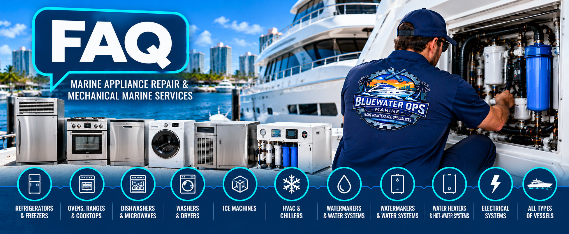 Bluewater Ops Marine technician servicing yacht equipment with marine appliances, HVAC, water systems and electrical equipment in South Florida