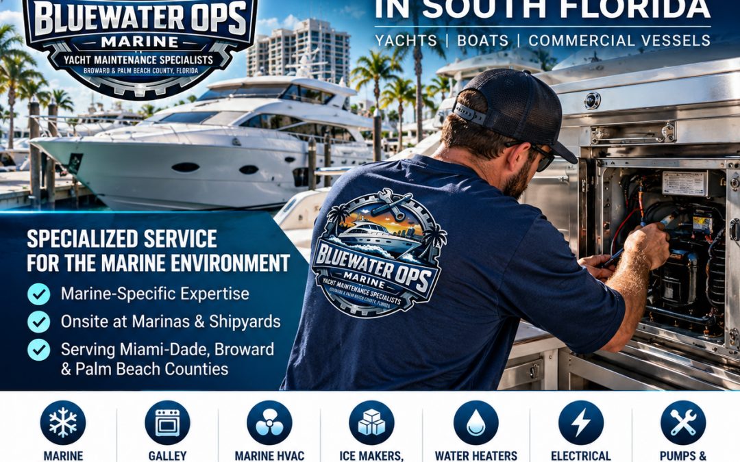 luewater Ops Marine technician repairing onboard yacht appliances at a South Florida marina, promoting marine refrigeration, HVAC, galley appliance, watermaker, plumbing, and electrical services.