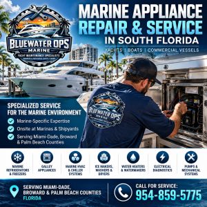 luewater Ops Marine technician repairing onboard yacht appliances at a South Florida marina, promoting marine refrigeration, HVAC, galley appliance, watermaker, plumbing, and electrical services.