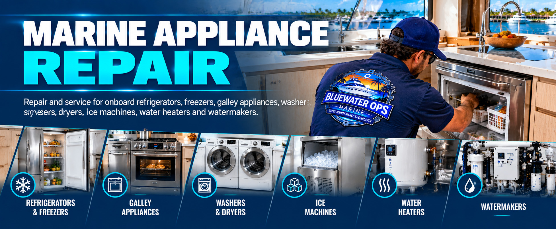Bluewater Ops Marine technician servicing yacht appliances including refrigerators, galley appliances, washers, ice machines, water heaters and watermakers