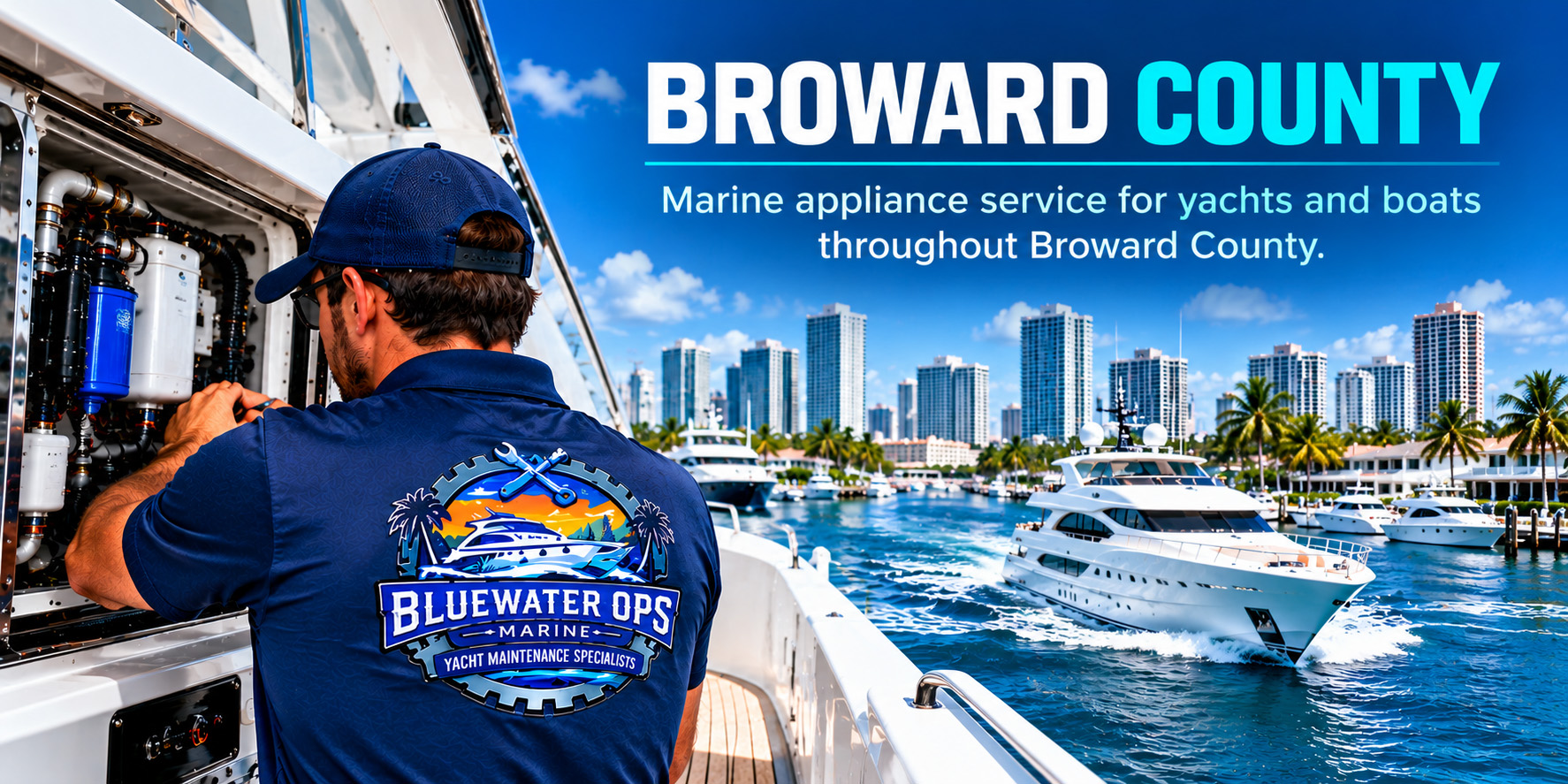 Bluewater Ops Marine technician servicing yacht equipment for marine appliance service in Broward County