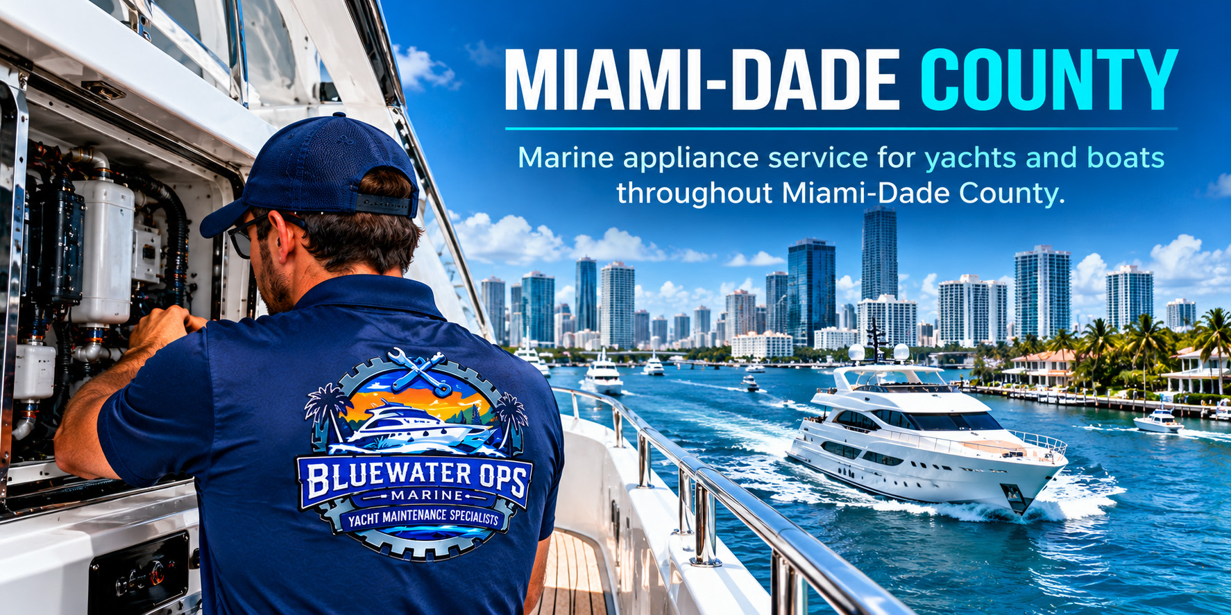 Bluewater Ops Marine technician servicing yacht equipment for marine appliance service in Miami-Dade County