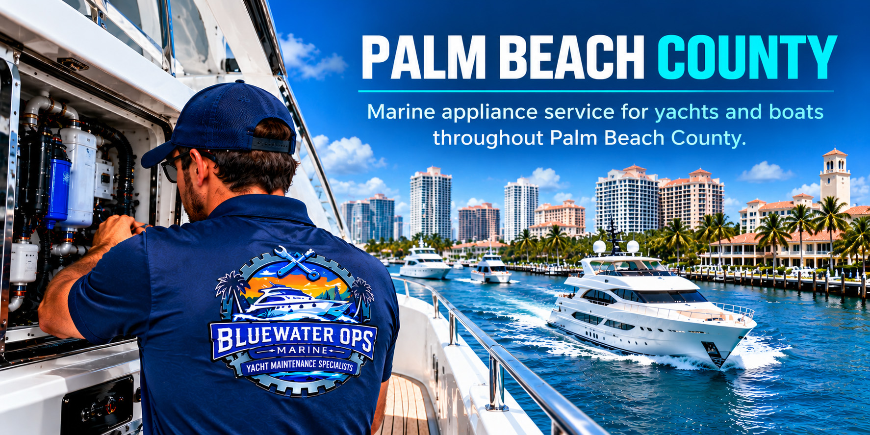 Bluewater Ops Marine technician servicing yacht equipment for marine appliance service in Palm Beach County