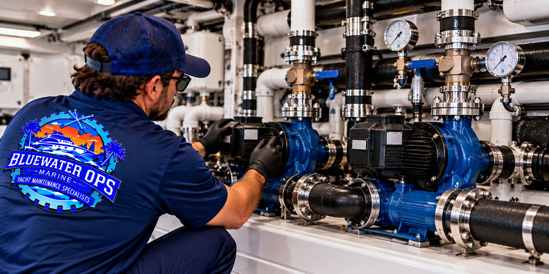 Bluewater Ops Marine technician inspecting circulation pumps, valves, pressure gauges and connected piping in a yacht's marine cooling system.