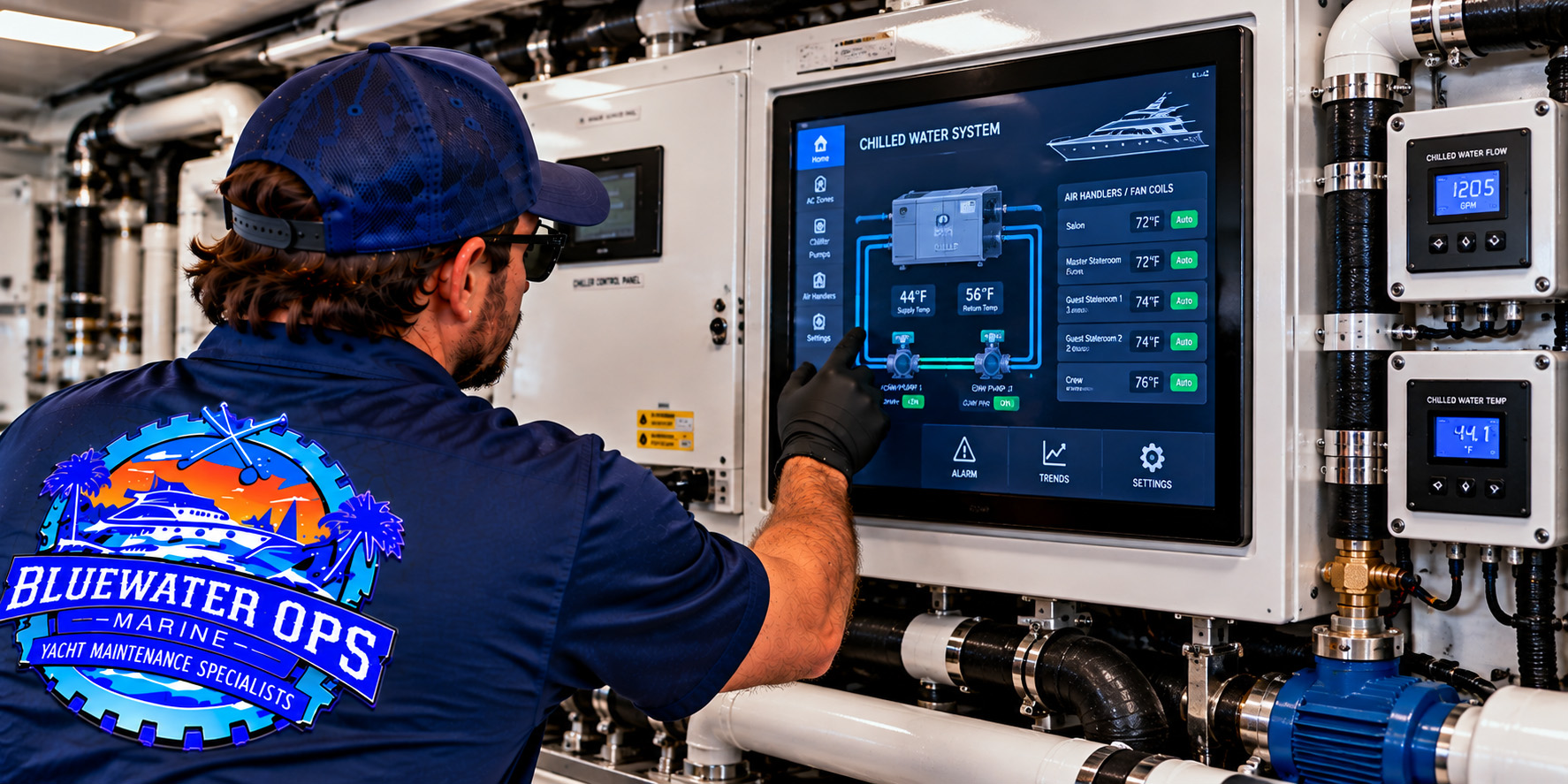 Bluewater Ops Marine technician inspecting a yacht's chilled-water system control panel, temperature displays, circulation pumps and HVAC operating controls.