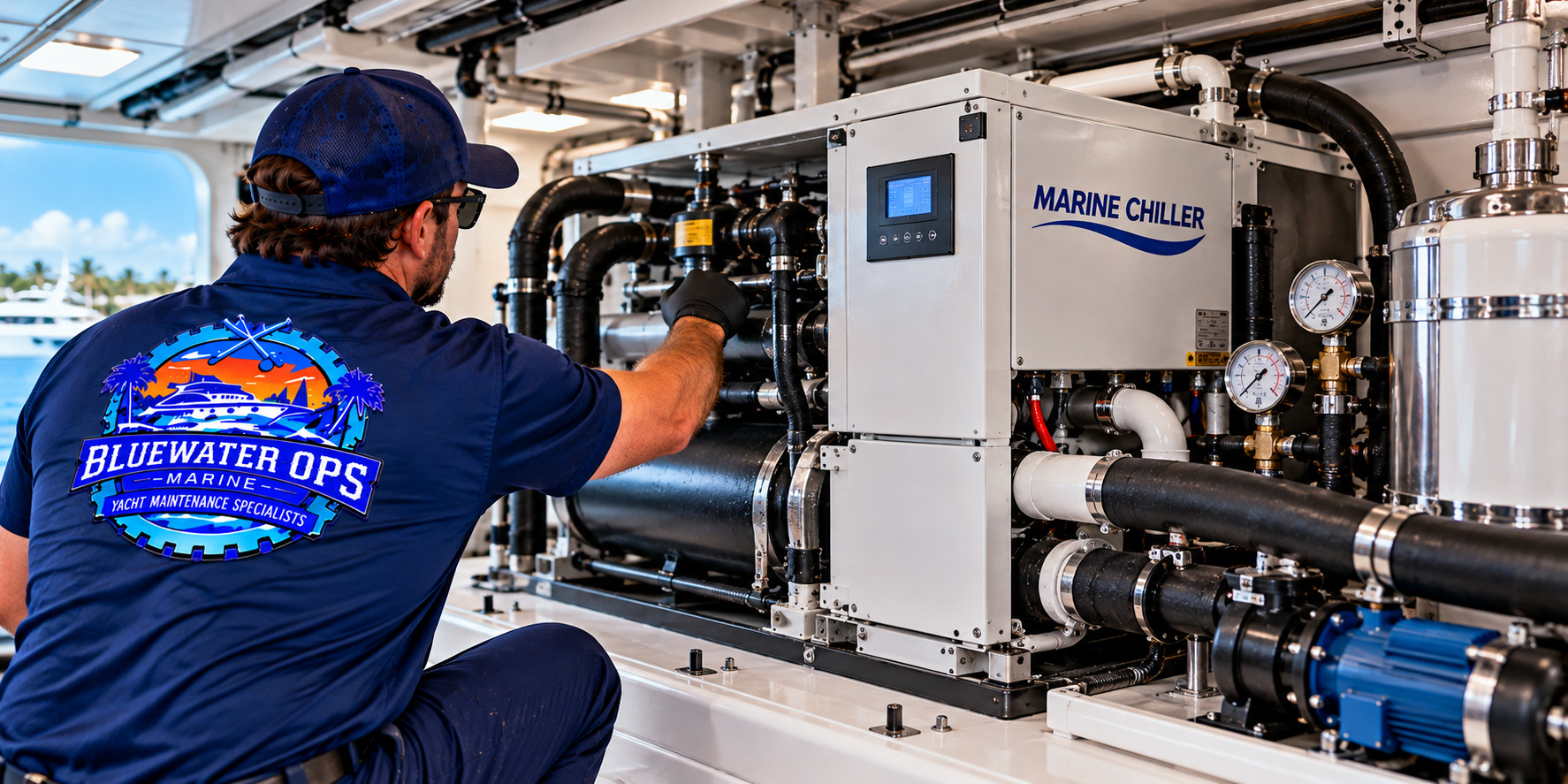Bluewater Ops Marine technician inspecting a yacht's marine chiller unit, gauges, pumps and connected cooling-water piping in South Florida.