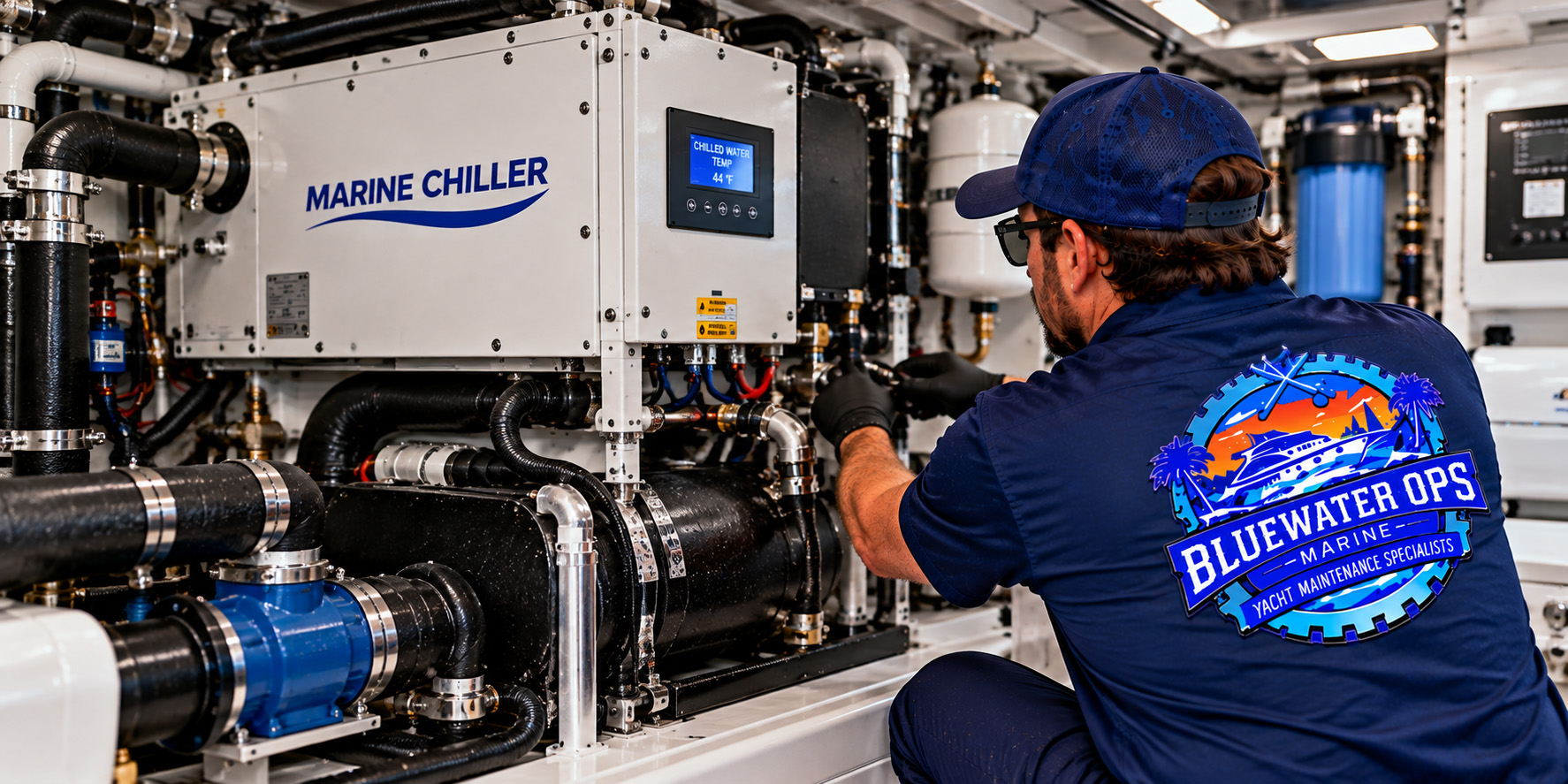 Bluewater Ops Marine technician inspecting a marine chiller unit, chilled-water temperature display, pumps and connected piping aboard a yacht.