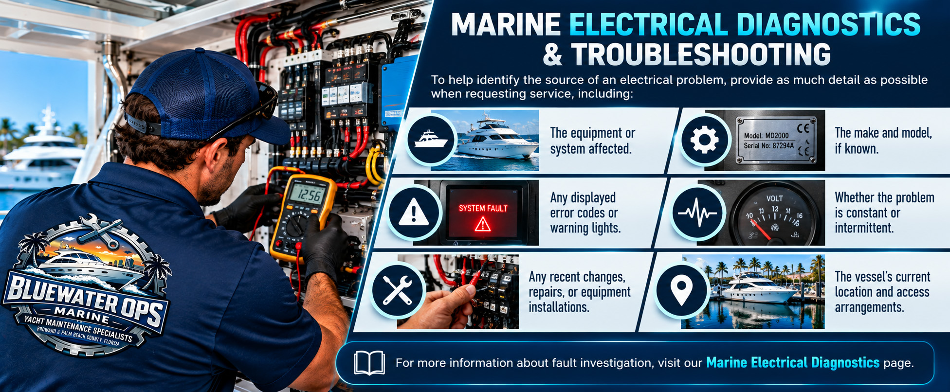 Marine electrical diagnostics infographic showing a Bluewater Ops Marine technician testing a yacht&rsquo;s electrical panel with a digital multimeter, alongside a checklist of information to provide when requesting service, including affected equipment, make and model, error codes, issue frequency, recent repairs, and vessel location.
