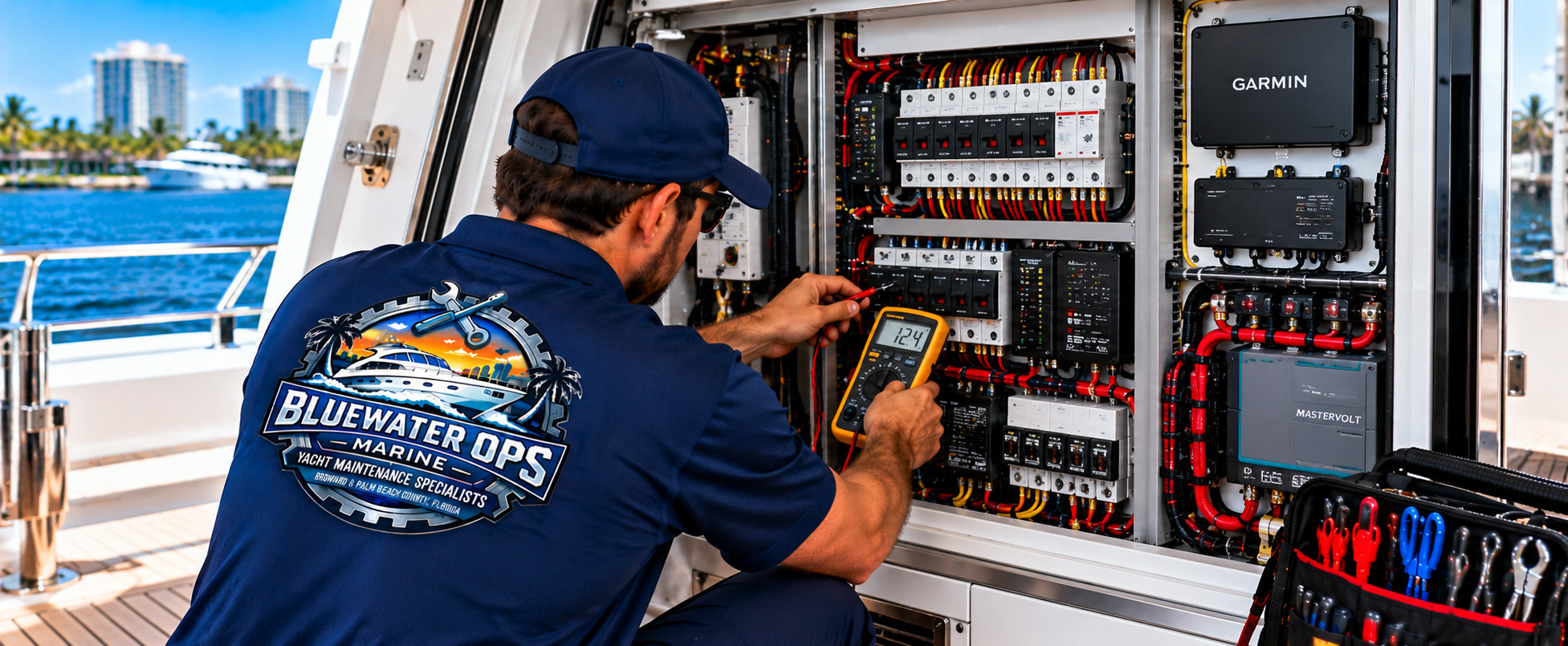Marine technician testing a yacht electrical panel and onboard electrical systems in South Florida