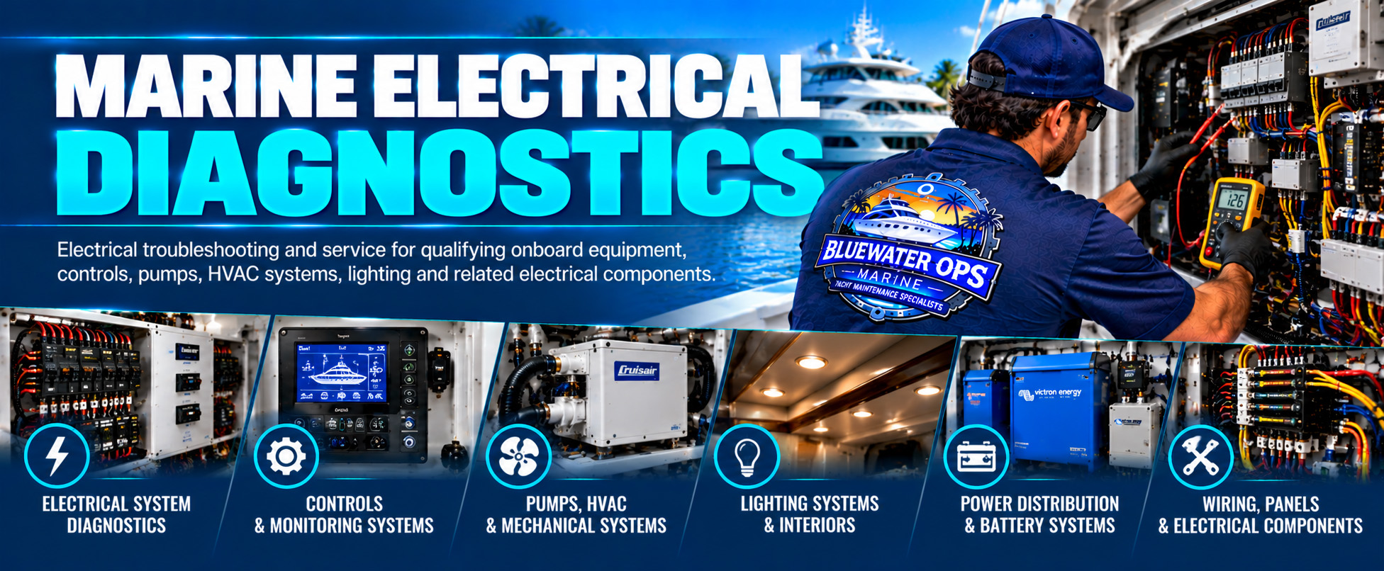 Bluewater Ops Marine technician troubleshooting yacht electrical systems, controls, pumps, HVAC, lighting and wiring in South Florida