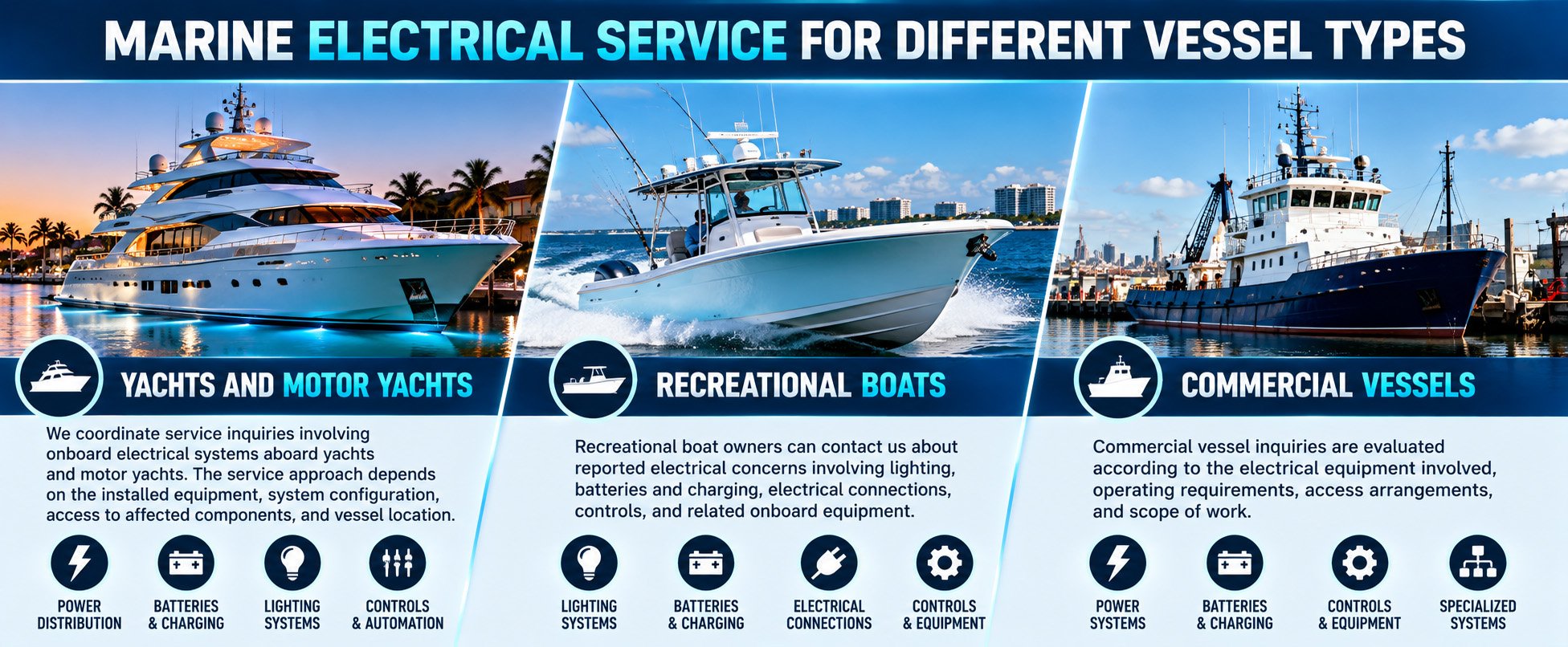Marine electrical service infographic featuring a luxury yacht, recreational boat, and commercial vessel, highlighting onboard power distribution, batteries and charging, lighting systems, electrical connections, controls, automation, and specialized electrical equipment.