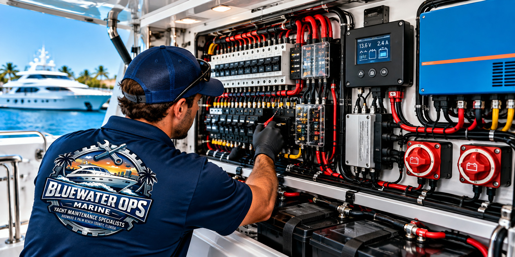 Bluewater Ops Marine technician wearing the company logo on a navy uniform while inspecting a yacht&rsquo;s electrical control panel, wiring, circuit breakers, battery connections, and power management equipment at a marina.