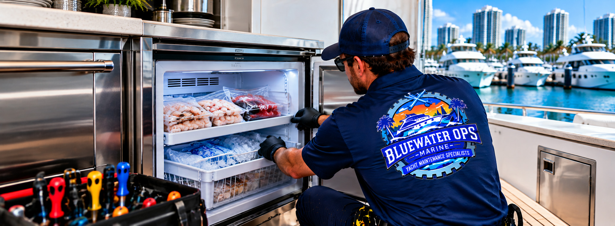 Bluewater Ops Marine technician servicing an onboard marine freezer aboard a yacht in South Florida
