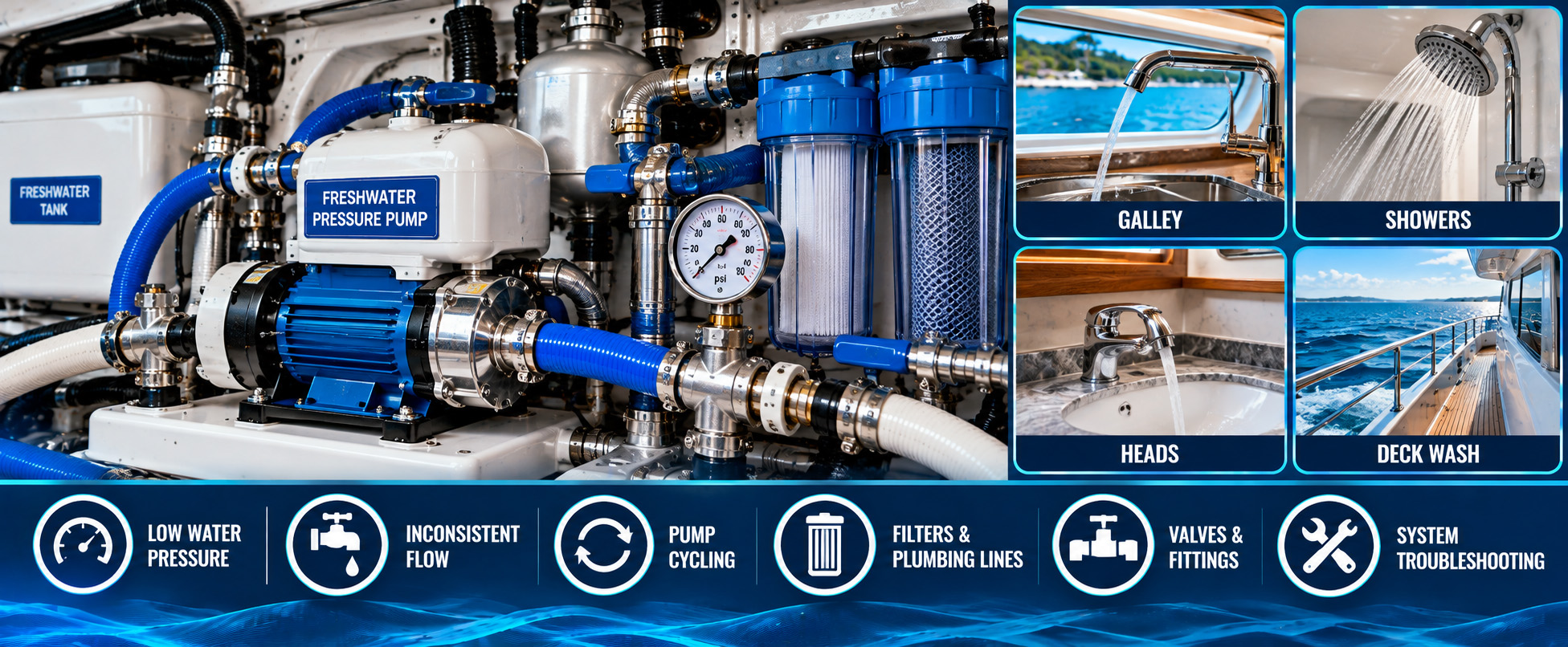 Marine freshwater system troubleshooting infographic featuring a yacht&rsquo;s pressure pump, water filters, pressure gauge, valves, and plumbing connections, with examples of galley, shower, head, and deck-wash water supply and common issues including low pressure, inconsistent flow, pump cycling, and restricted plumbing lines.