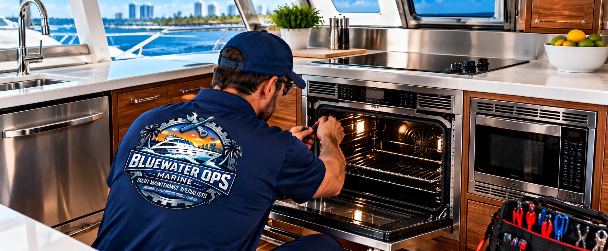 Marine technician repairing a yacht oven and galley appliances aboard a vessel in South Florida