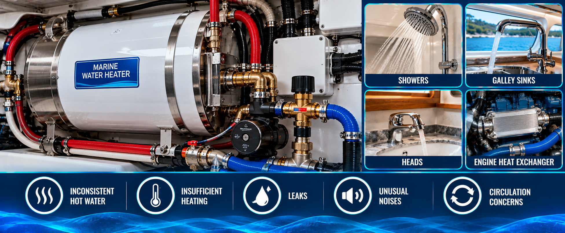 Marine hot-water system service infographic featuring a yacht water heater, red and blue plumbing lines, valves, circulation components, and examples of showers, galley sinks, heads, and an engine heat exchanger, highlighting common issues including inconsistent hot water, insufficient heating, leaks, unusual noises, and circulation problems.