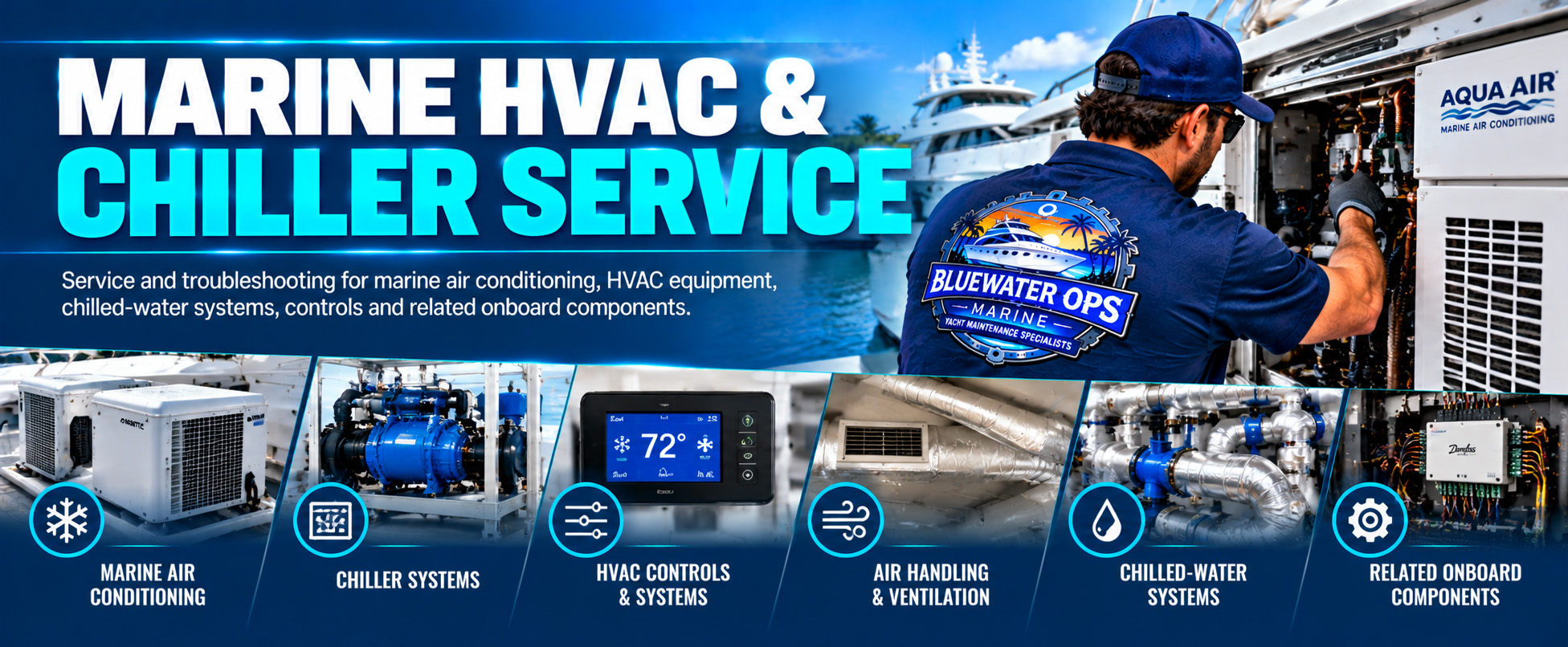 Bluewater Ops Marine technician servicing yacht HVAC, air conditioning and chiller systems in South Florida
