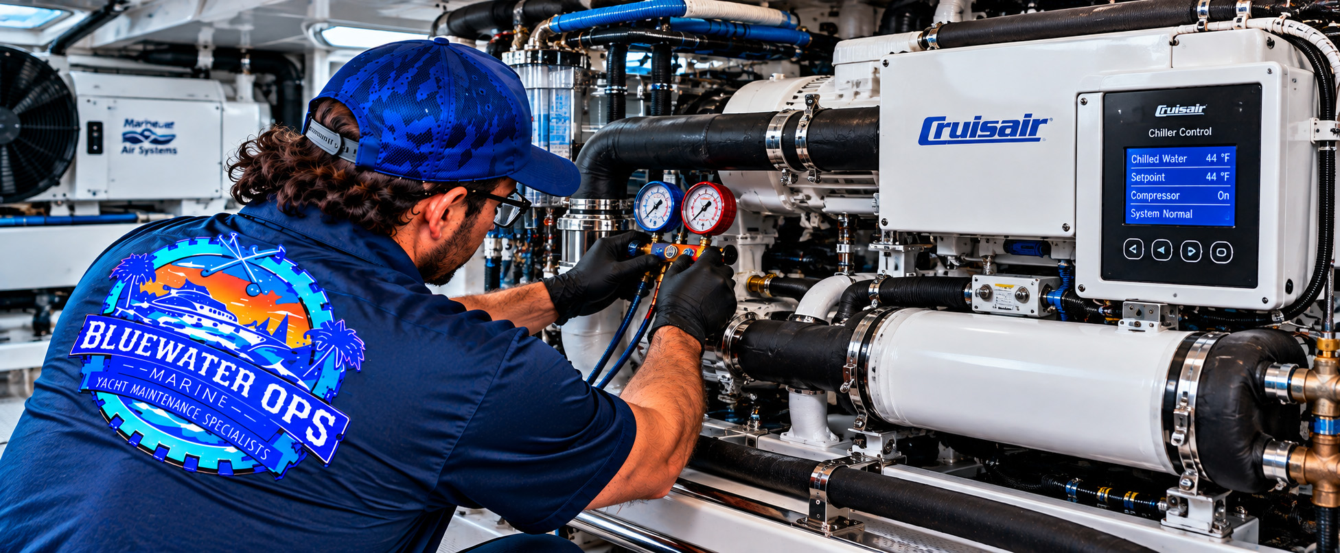 Bluewater Ops Marine technician inspecting a yacht&rsquo;s marine HVAC and chiller system, including pressure gauges, insulated piping, cooling components, and electronic controls.
