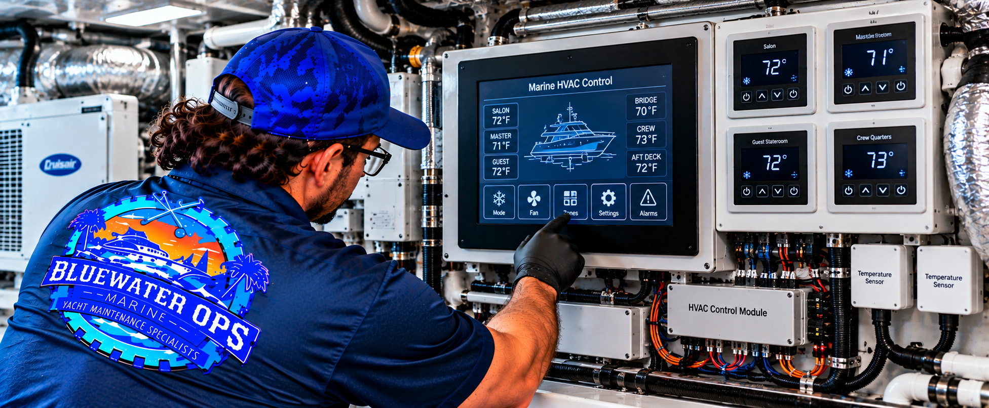 Bluewater Ops Marine technician inspecting a yacht&rsquo;s marine HVAC touchscreen controls, cabin thermostats, temperature sensors, and control modules while checking climate settings for multiple onboard spaces.