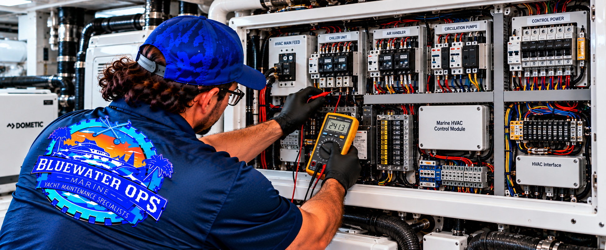 Bluewater Ops Marine technician using a digital multimeter to inspect a yacht&rsquo;s marine HVAC electrical control panel, including circuit breakers, wiring, chiller controls, air handler circuits, and circulation pump connections.