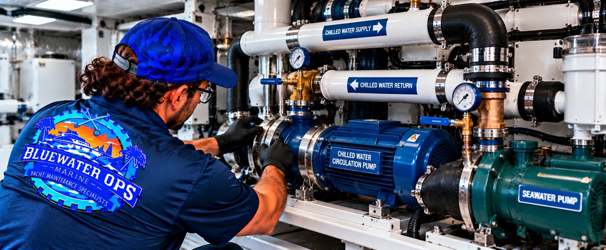 Bluewater Ops Marine technician inspecting a yacht&rsquo;s HVAC water circulation system, including chilled-water circulation pumps, seawater pumps, pressure gauges, valves, and chilled-water supply and return piping.