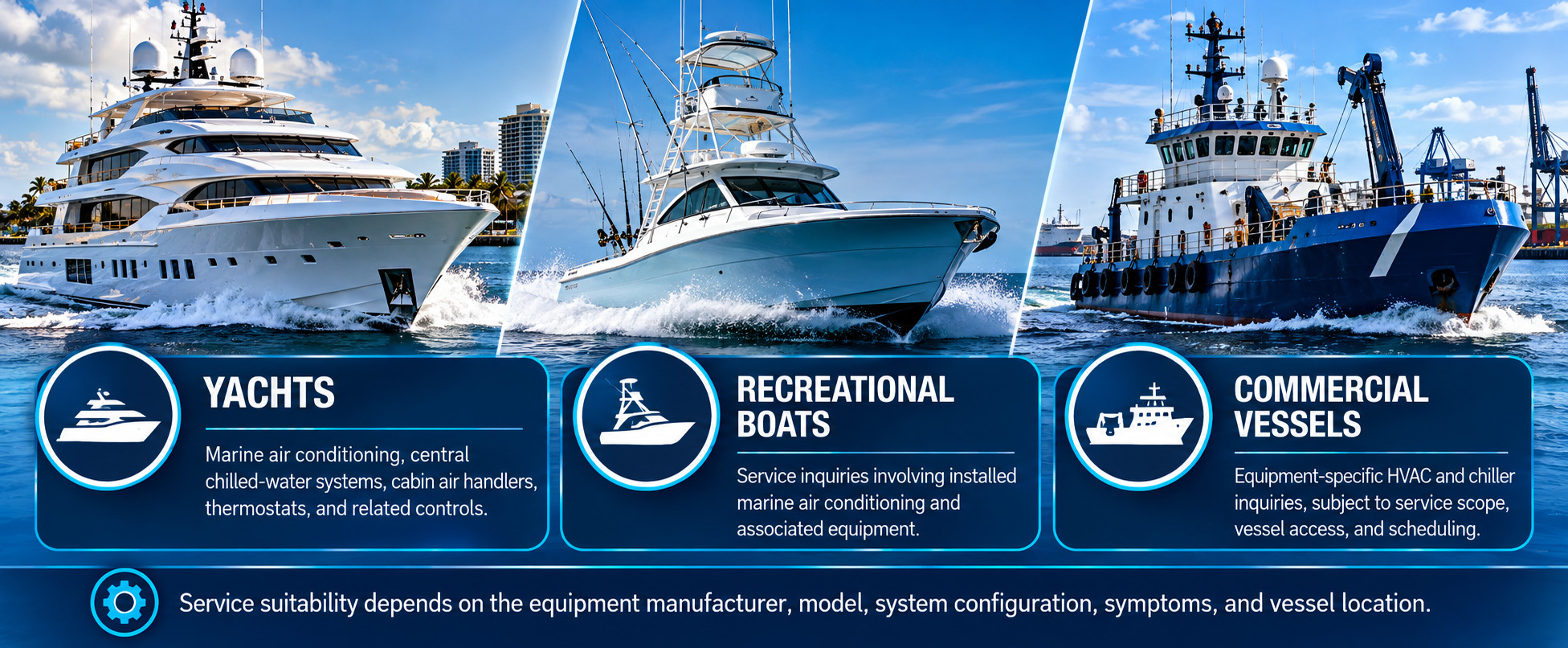 Marine HVAC service infographic featuring a luxury yacht, recreational sportfishing boat, and commercial vessel, highlighting marine air conditioning, chilled-water systems, cabin air handlers, thermostats, and chiller service inquiries.