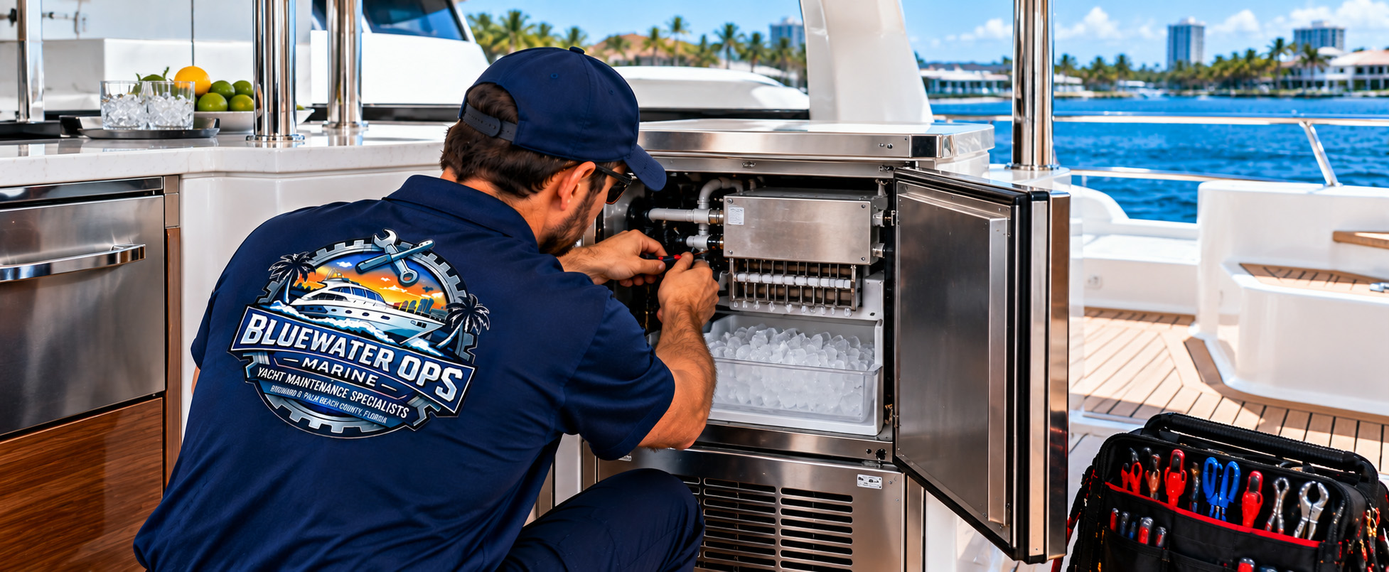 Marine technician repairing an onboard yacht ice machine in South Florida