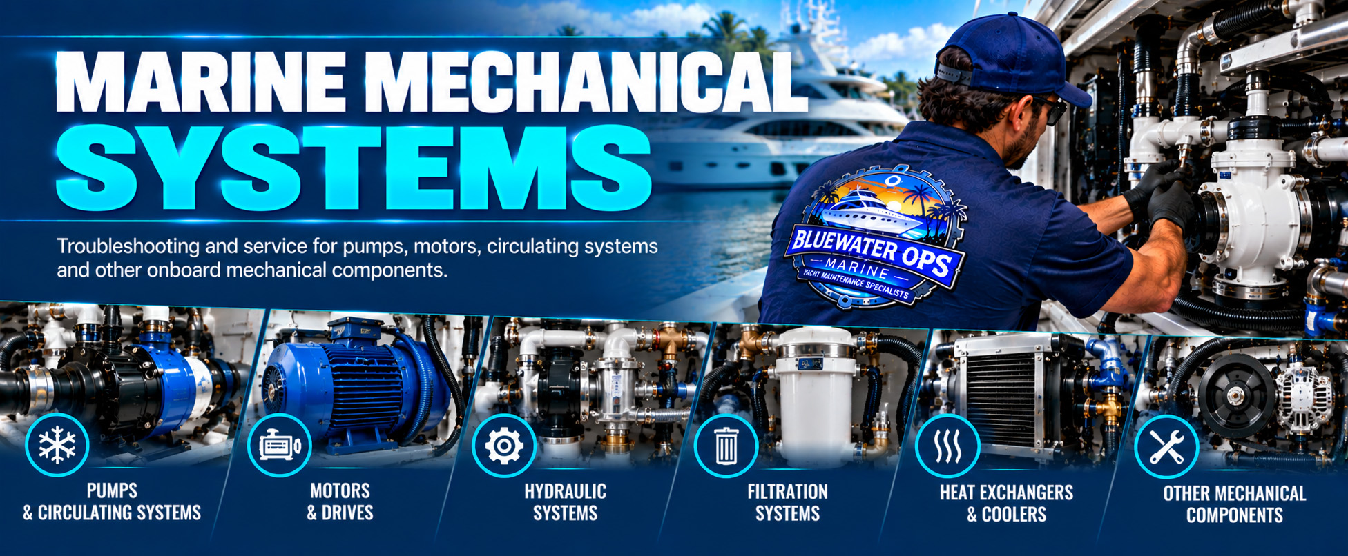 Bluewater Ops Marine technician servicing yacht pumps, motors, circulating systems and mechanical components in South Florida